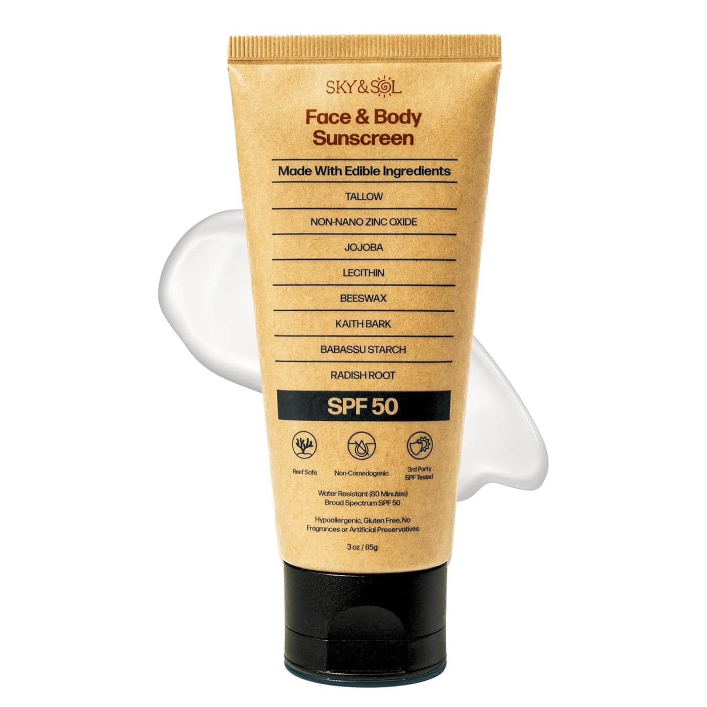 Sky and Sol Mineral Sunscreen SPF 50 | With Grass-Fed Tallow & Zinc Oxide | Non-Greasy Formula for Face & Body | Made Without Reef-Harming UV Filters